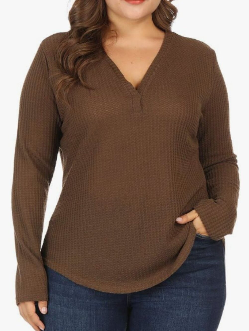 ALLEGRACE Women’s Plus Size 3X Brown Waffle Knit V-Neck Pullover Top